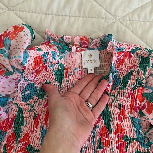 J. MARIE Floral Print Smocked Ruffle Tiered Mini Dress in Multicolor small - Picture 2 of 16